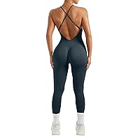 RXRXCOCO Spaghetti Strap Ribbed Jumpsuit Women's Tight Backless Padded Jumpsuit Tummy Control Yoga Sports One-Piece Romper Bodysuit