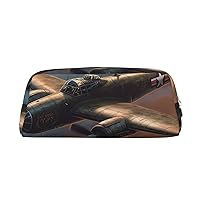 World War Aircraft Pencil Case Leather Pen Bag Travel Makeup Bag Zipper Organizer Bag for Women Men