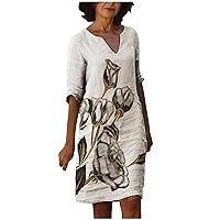 Ruziyoog Summer Cotton Linen Dresses for Women Casual 3/4 Sleeve Print A-Line Dress V Neck Printed Loose Long Dress