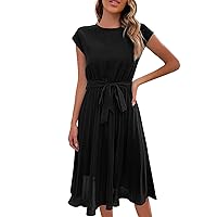 Women's Spring Dresses 2024 Summer Round Neck Tie Solid Color Pleated Dresses, S-2XL