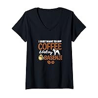 Womens Sip Coffee Pet My Basenji Dog Owner Gifts Funny Coffee Lover V-Neck T-Shirt