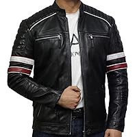 Black Leather Jacket Mens - Cafe Racer Real sheepskin Leather Distressed Motorcycle Jacket (BLACK, M)