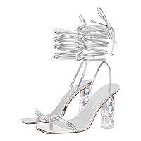 LISHAN Womens' Clear Strappy Chunky Block 4in Heels Rhinestone Bow Knot Sandals