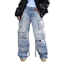 Lucuna Women's Cargo Pants Y2K High Waist Baggy Jeans Flap Pocket Loose Denim Streetwear, 1-light Blue, X-Large