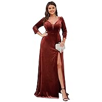 Ever-Pretty Plus Womens Deep V-Neck Long Sleeves Side Slit A-Line Maxi Velvet Plus Size Fall Evening Dresses 01431-DA