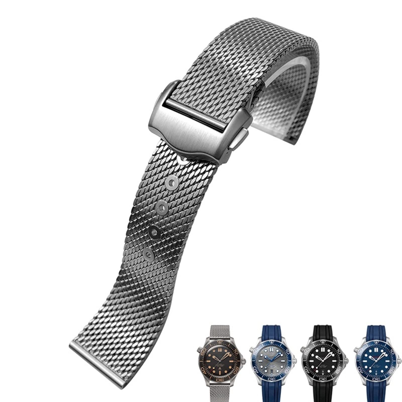 BANDKIT 20mm Titanium Steel Watch Band Mesh Folding Buckle Watch Strap For Omega Seamaster 007 For Men Bracelet