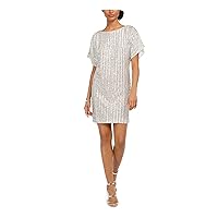 Vince Camuto Womens White Stretch Sequined Keyhole-Back Short Sleeve Round Neck Short Cocktail Shift Dress 2