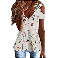 Plus Size Women Lace Cold Shoulder T-Shirts Summer Floral Print V Neck Short Sleeve Tops Fashion Comfy Tunic Shirts