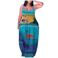 Summer Plus Size Dress for Women Fashion Long Sundress Spaghetti Adjustable Strap Sleeveless Maxi Dress with Pockets
