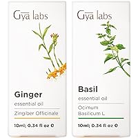 Ginger Essential Oil for Belly Fat & Pain & Basil Essential Oil for Diffuser Set - 100% Pure Therapeutic Grade Essential Oils Set - 2x0.34 fl oz - Gya Labs
