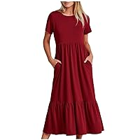 Women Short Sleeve Midi Dresses Summer Casual Dress Ruffle Swing Flowy Sundress Mid Calf T Shirt Dress with Pocket