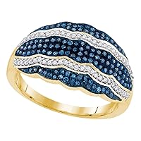 The Diamond Deal 10kt Yellow Gold Womens Round Blue Color Enhanced Diamond Striped Fashion Ring 3/8 Cttw