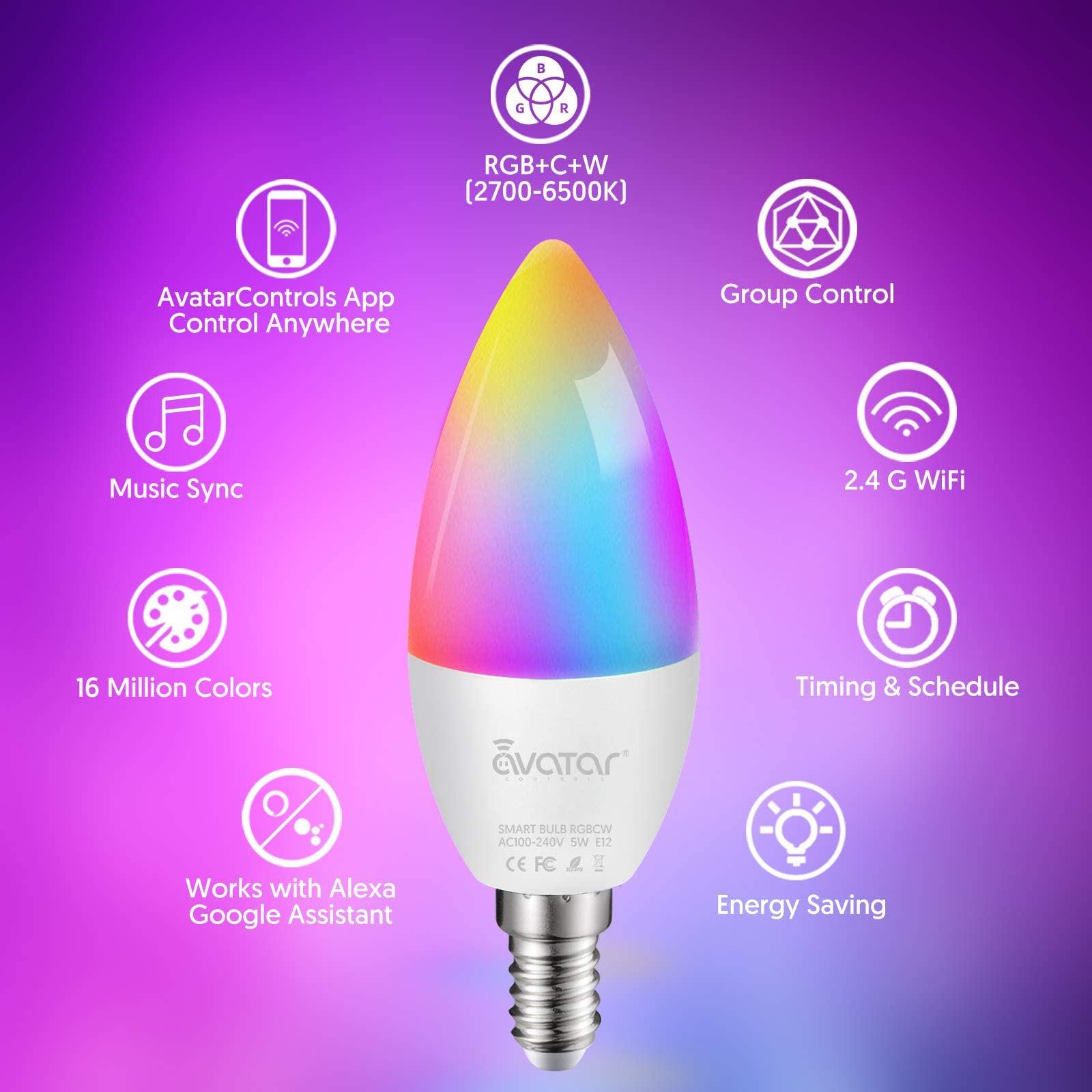 2 Pack E12 LED Light Bulb Work w/ Google Siri Alexa Light Bulb 5W Type B Smart Bulb RGBCW 16 Million Color Changing Light Bulb 2.4G WiFi B11 Candelabra Bombillos Work w/ Smart Life AvatarControls APP