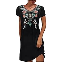 Women's Embroidered Mexican Peasant Dresses Plus Size Fiesta Boho Shirt Dress Traditional Floral Ethnic Tunic Top