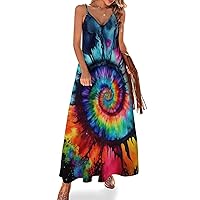 Women's Tie Dye Style Strap Maxi Dress Spiral Streak Printed Beach Dress