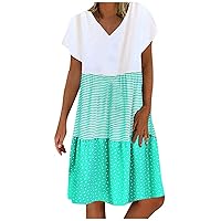 Women Ruffle Hem Stripes Patchwork Knee T-Shirt Dress Summer Short Sleeve V-Neck Casual Loose Tunic Beach Dresses