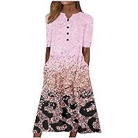 Summer Dress for Women 2024 Short Sleeve V Neck Floral Swing A-Line Midi Dresses Loose Button Up Beach Sundress Pocket