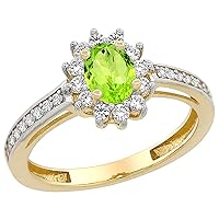 14K Yellow Gold Natural Peridot Flower Halo Ring Oval 6x4mm Diamond Accents, sizes 5-10