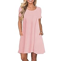 EFOFEI Ladies Short Sleeve Solid Color Dress Loose Casual Short Mini Shirt Dress with Pockets