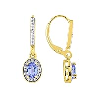 Women's 14K Yellow Gold Dangling Earrings - Oval Shape Gemstone & Diamonds - 6X4MM Birthstone Earrings - Exquisite Color Stone Jewelry