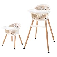 Beech Wood High Chair, Convertible Baby High Chair, 6 in 1 Wooden Highchair/Booster/Toddler Chair with Removable Tray, 5-Point Harness, PU Cushion and Footrest for Baby, Adjustable Legs (Cream Chair)