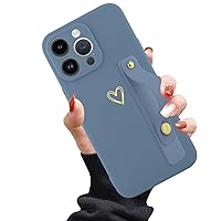 Phone Case Compatible with iPhone 15 Pro Max 6.7 Inch for Women Girls, Cute Gold Love Heart Pattern with Wrist Hand Holder Stand Slim Soft Silicone Shockproof Kickstand Cover (Grey Blue)