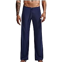 Men's Ice Silk Yoga Pant Elastic Low Rise Drawstring Sleep Bottoms Wide Leg Long Lounge Pant Trousers Sleepwear
