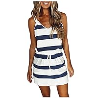 Womens Summer Dresses 2024 Spaghetti Strap Drawstring Waist Casual Beach Dress Striped Front Pockets V Neck Sundress