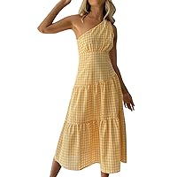 Casual Maxi Dress,Women Summer Dress Off Shoulder Sleeveless Dress Plaid Printing Casual Long Dress Elegant Loo