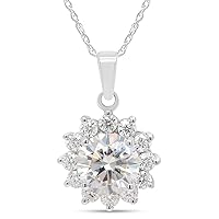 SAVEARTH DIAMONDS 1 1/3 ct. t.w Center 6.5MM Round Cut Lab Created Moissanite Diamond Flower Pendant Necklace In 14K Gold Over Sterling Silver With 18'' Chain (G-H Color, VVS1 Clarity, 1.33 Cttw),