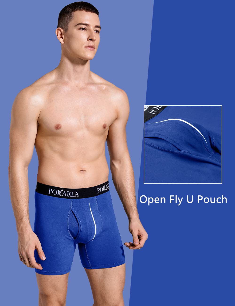 POKARLA Mens Stretch Boxer Briefs Soft Cotton Open Fly Tagless Underwear Regular Leg