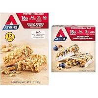 Atkins Peanut Butter Granola Protein Meal Bar, High Fiber, 16g Protein, 1g Sugar, 4g Net Carb & Blueberry Greek Yogurt Protein Meal Bar, High Fiber, 15g Protein, 3g Sugar, 5g Net Carbs