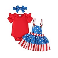 Baby Girl 4th of July Outfit Short Sleeve Romper Tops + Star Print Suspender Skirt + Headband Sets Newborn Clothes (Red Stripes, 18-24 Months)