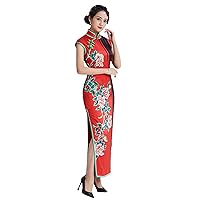 Qipao Dress Women Silk Flower Print Wedding Red Chinese Traditional Shoulder Sleeve Cheongsam