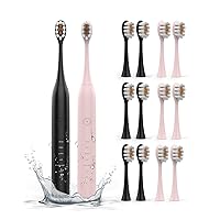 Black & Pink 2 Pack Rechargeable Sonic Electric Toothbrush for Adults and Kid, 12 Toothbrush Heads,5 Modes with Smart Timer, Perfect for Home, Gift,Travel