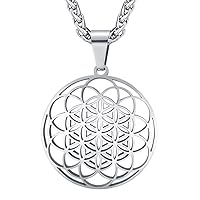 FaithHeart Flower of Life Necklace, Stainless Steel Men Women Pendant Send with Gift Box Ancient Egypt Mystic School Symbol Jewelry-Silver