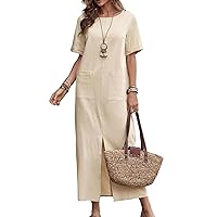 chouyatou Women's Casual Short Sleeve Loose Cotton Linen Dress Crewneck Front Split Maxi Dress