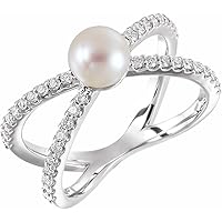 14k White Gold Cultured White Freshwater Pearl 7.0 7.5mm Natural Diamond Polished White and 0.38 Car Jewelry for Women