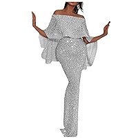 Dresses for Women 2024 Fashion Sexy Solid Color Off Shoulder Slim Fit Sequin Wrap Hip Split Party Dress