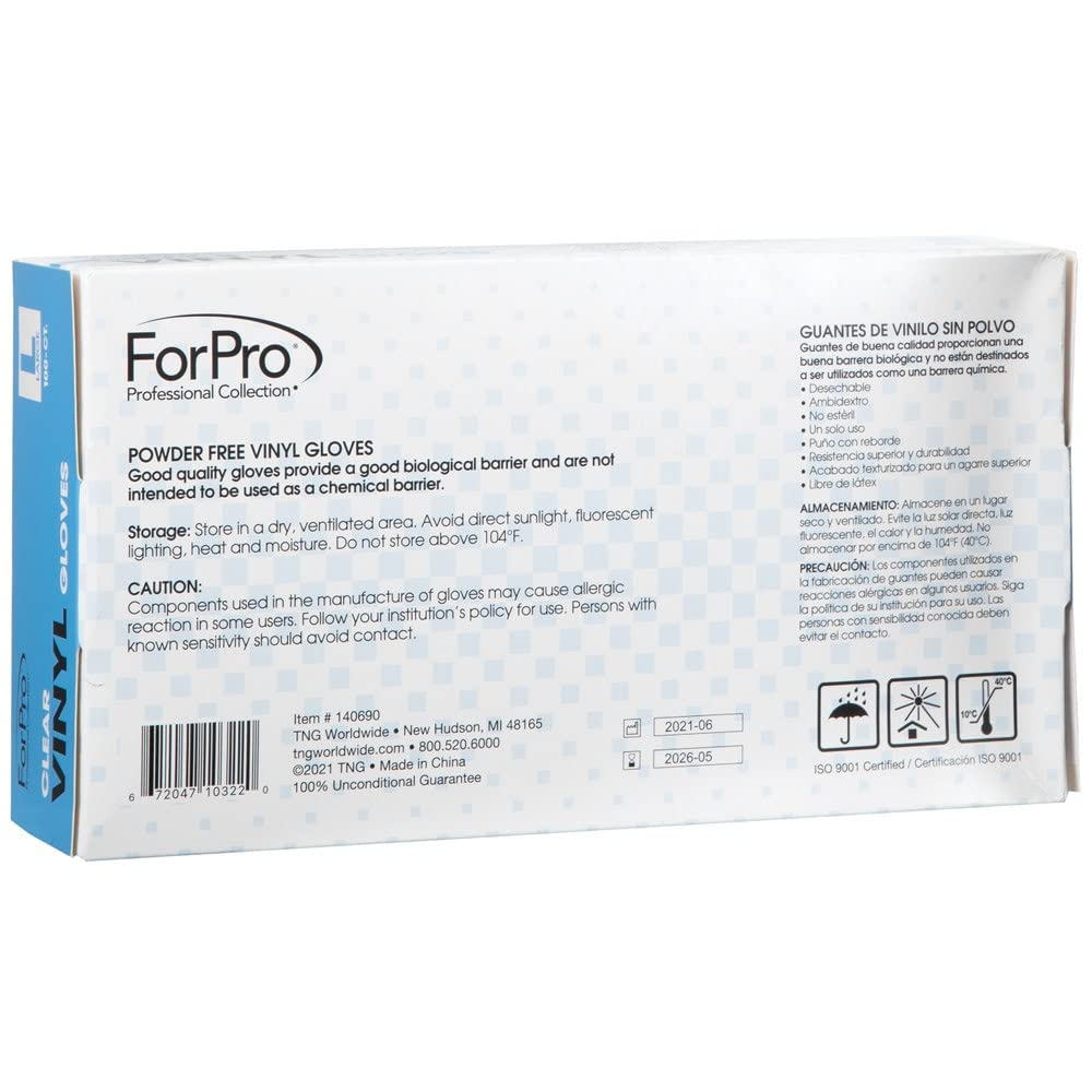 ForPro Disposable Vinyl Gloves, Clear, Industrial Grade, Powder-Free, Latex-Free, Non-Sterile, Food Safe, 2.75 Mil. Palm, 3.9 Mil. Fingers, Large, 100-Count