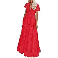 MEROKEETY Women's V Neck Short Sleeve Floral Lace Wedding Dress Bridesmaid Cocktail Party Maxi Dress
