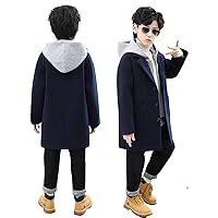 Boys Jackets 4-18 Years Hooded Trench Woolen Coats Mid Length Overcoat Outerwear