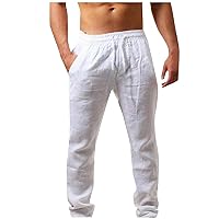 Linen Pants Men Elastic Waist Drawstring Work Pants Comfort Casual Pants with Pockets Mens Lightweight Pants Summer