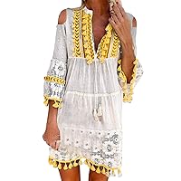 XJYIOEWT Lace Dress,Ladies Lace Tassel Hollow Stitching Sunscreen Blouse Casual Dress Beaded Lace Dress