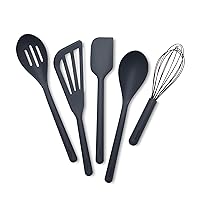 Silicone 5 Piece Cooking Utensil Set, Slotted & Solid Spoon, Turner, Spatula, Whisk, Flexible Nonstick Kitchen Tools, Steel Core, Heat-Resistant Anti-Slip Handle BPA-Free Dishwasher Safe Gray