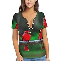 Red Cute Birds Women's Flowy Tops,V-Neck T-Shirts, Plus Size Blouses with Short Sleeves, Suitable for Summer,Work Wear