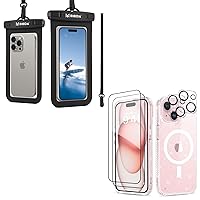 MIODIK Bundle - for Waterproof Phone Pouch + iPhone 15 Case, with Detachable Lanyard + 9H Tempered Glass Screen Protector + Camera Lens Protector - Black + Magnetic Clear