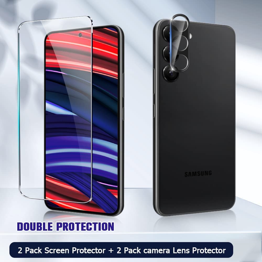 Galaxy S23+ Plus Screen Protector【2+2 Pack】With 2 Pack Tempered Glass Camera Lens Protector, Easy Installation, Compatible Fingerprint, Full Coverage 9H Hardness Tempered Glass Screen Protector for Samsung Galaxy S23 Plus 5G