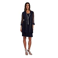 R&M Richards Women's Sparkly Shift Jacket Dress W/Sheer Inserts and Attached Necklace