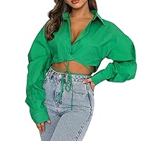 Ladies Strap Lapel Casual Fashion Crop Shirt Casual Button Shirts Crop Loose Sexy Solid Single-Breasted Crop Shirt